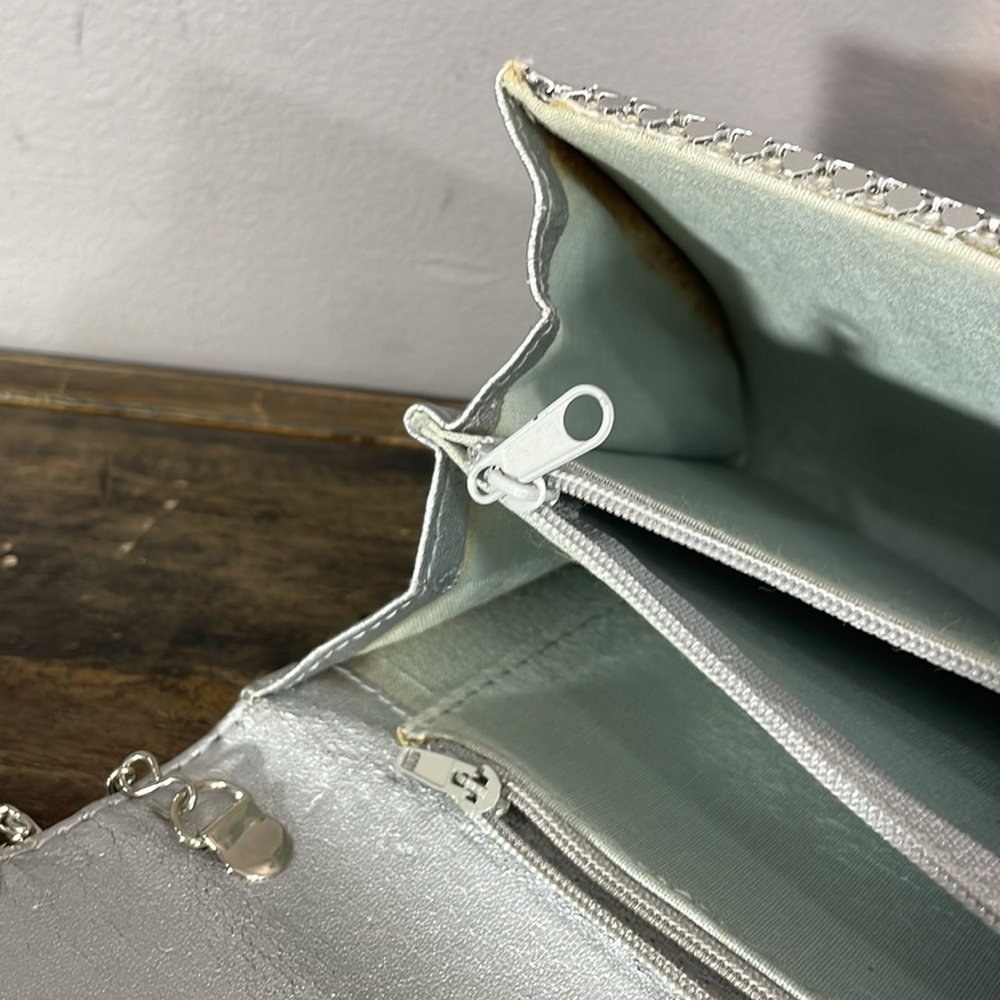 Mind Handbags Incorporated shiny silver clutch purse with chain - some staining - Picture 9 of 17